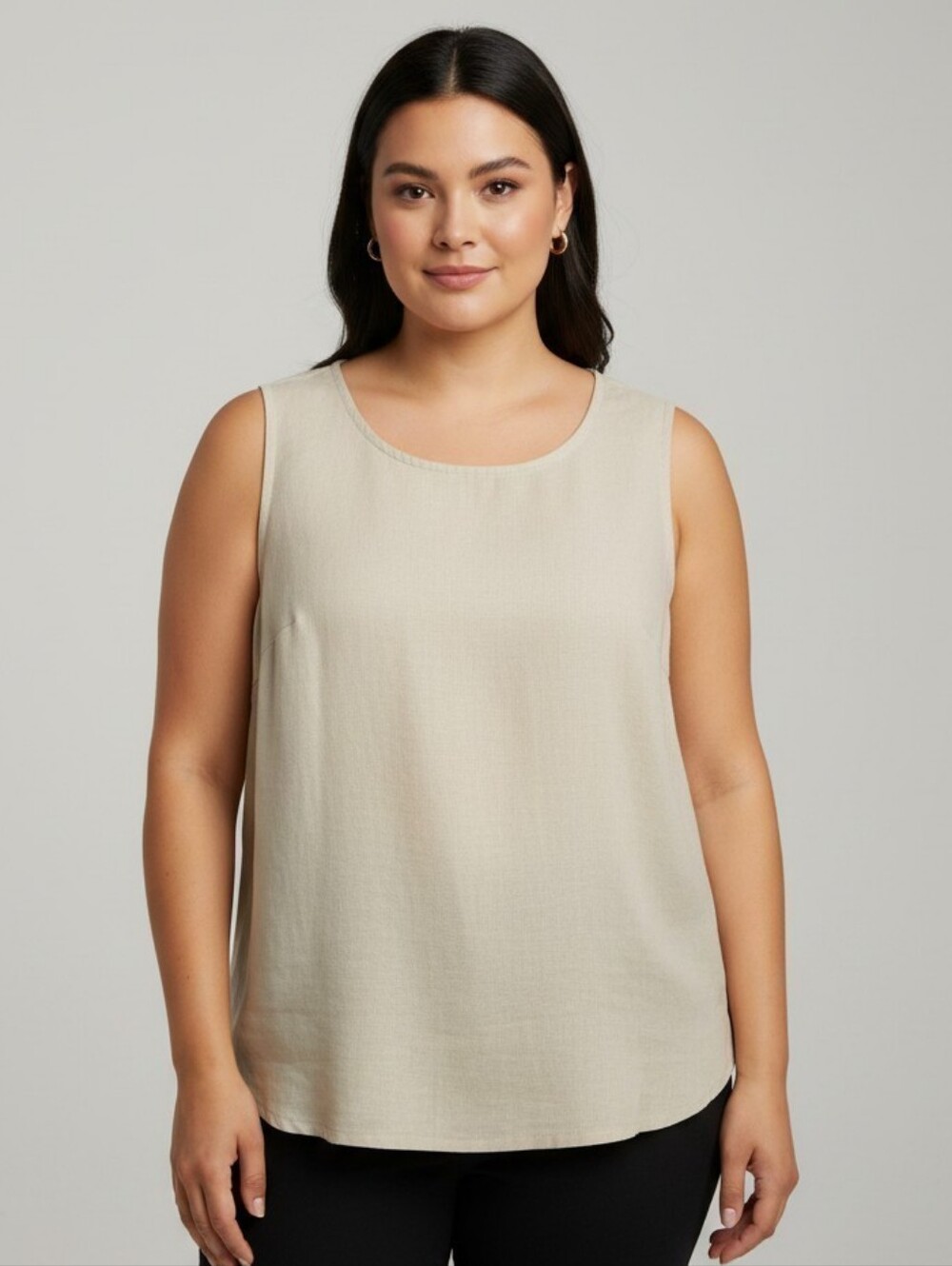 Halogen Light Beige Scoop Neck Linen-Blend Tank